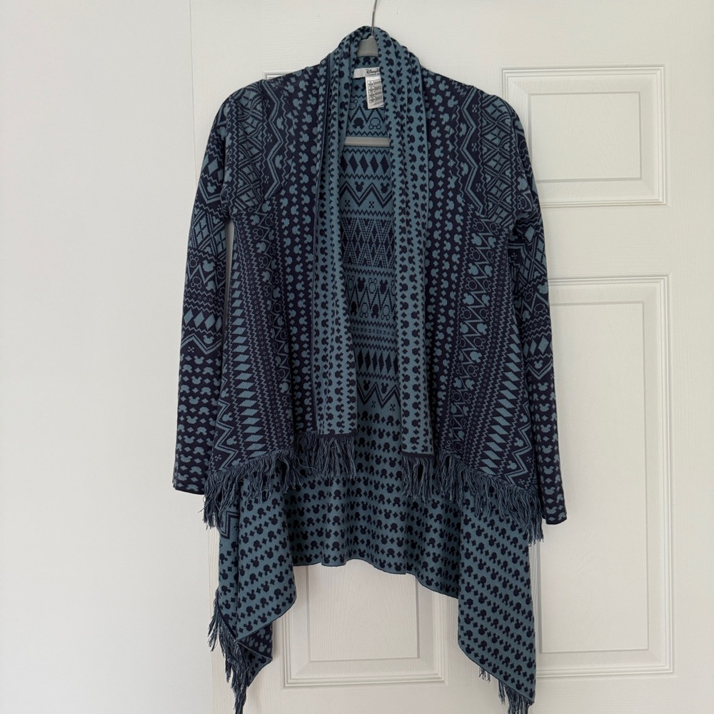 Disney Park Hidden Mickey Mouse Blue Cardigan Sweater Asymmetrical Fringe Hem